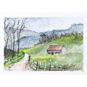 ACEO Ink & Watercolor Orig. Landscape Farmhouse Country "Springtime" Signed